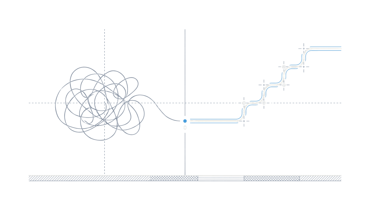 An engraved illustration of a single line emerging from scattered marks and resolving into a clear, structured grid.
