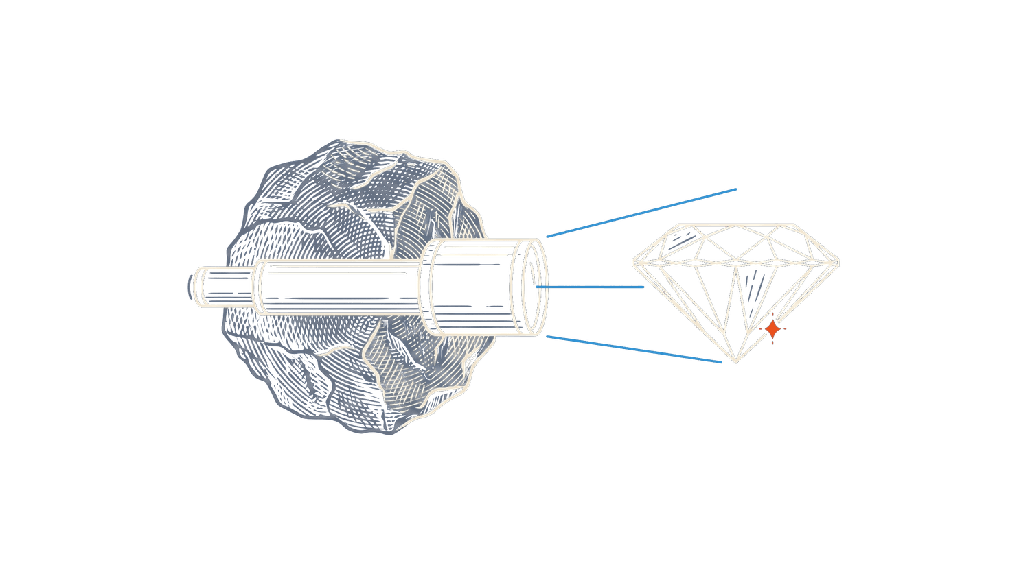 An engraved illustration of hidden value becoming visible, a sightline revealing the faceted worth inside rough granite.