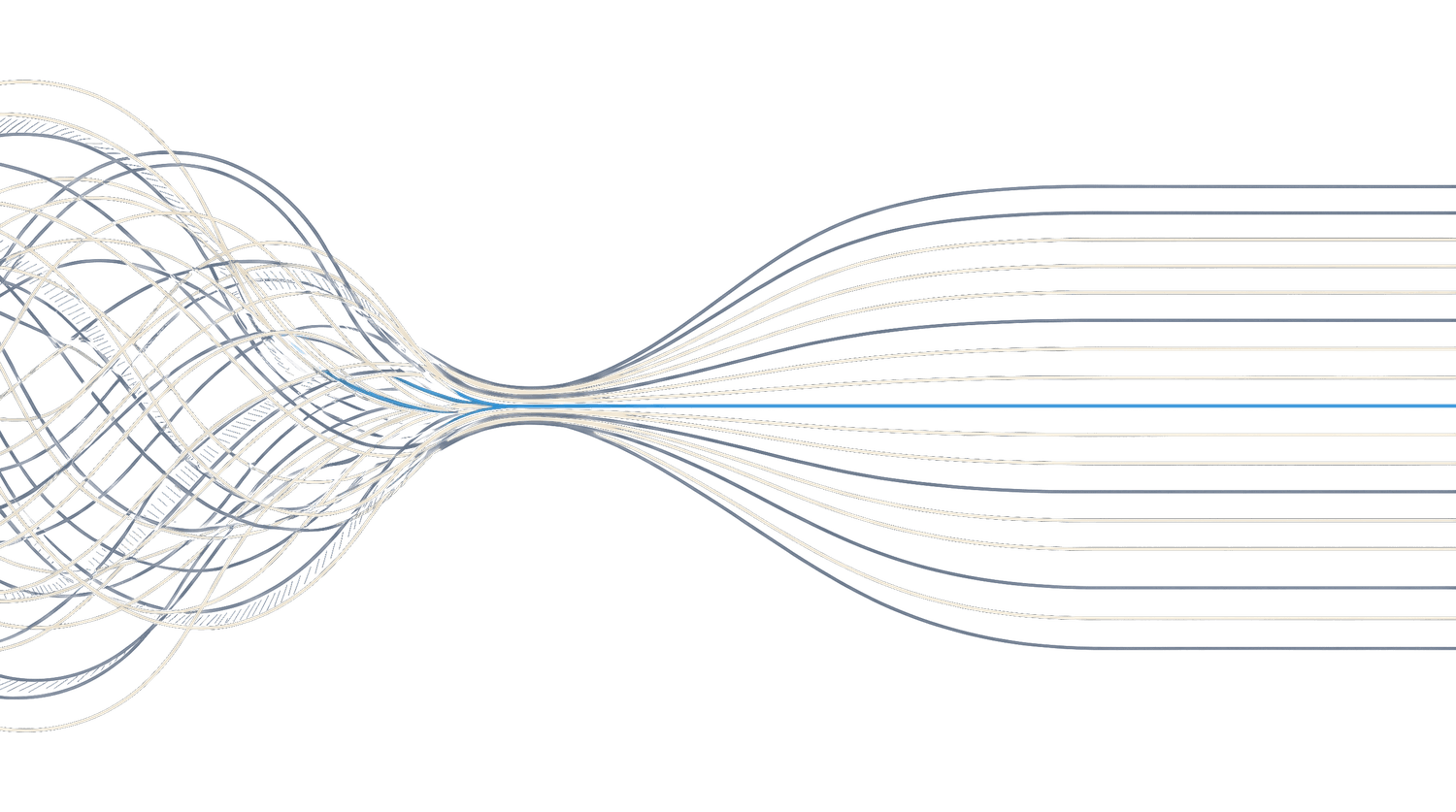 An engraved illustration of lines funneling through a bottleneck and opening into steady operating rhythm.