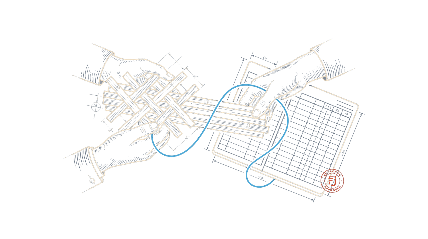 An engraved illustration of a hand-drawn line resolving into a structured, transferable grid, trust made into a system that can run without you.